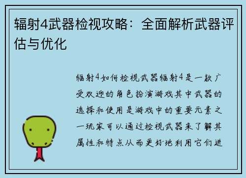 辐射4武器检视攻略：全面解析武器评估与优化